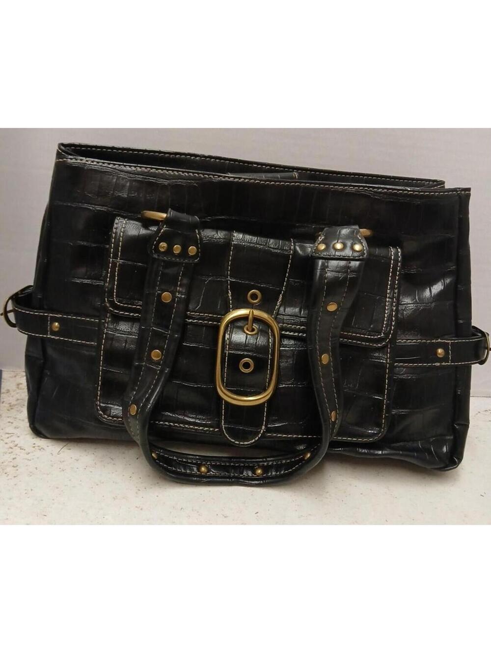 Nine West Black Faux Leather Embossed Handbag with Buckle